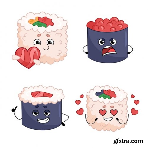 Set of cute handdrawn sushi and rolls