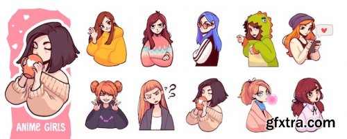 A set of cute anime girls illustrations in various clothes with different expressions