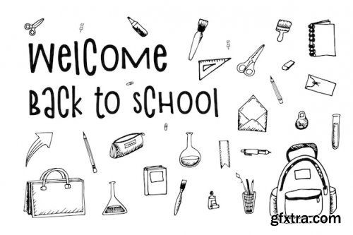 School supplies set, education supplies set in doodle style