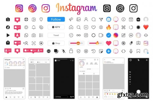  Instagram social network app interface icons and smartphone frame screen template