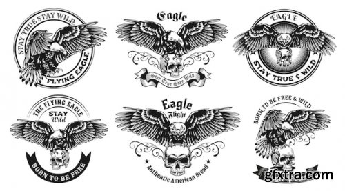 Set of vintage black and white skulls labels