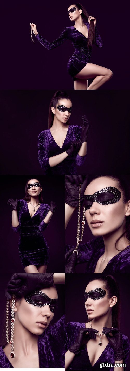 Elegant brunette woman in beautiful purple dress, sequins mask and black gloves