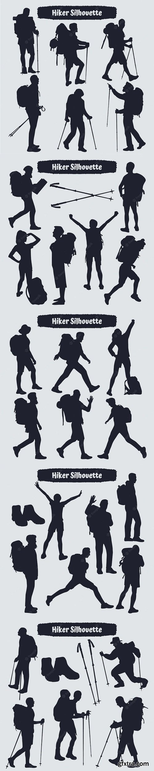 Collection of hiker in mountains silhouettes in different poses