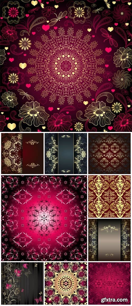 Colored vector backgrounds with patterns and flowers