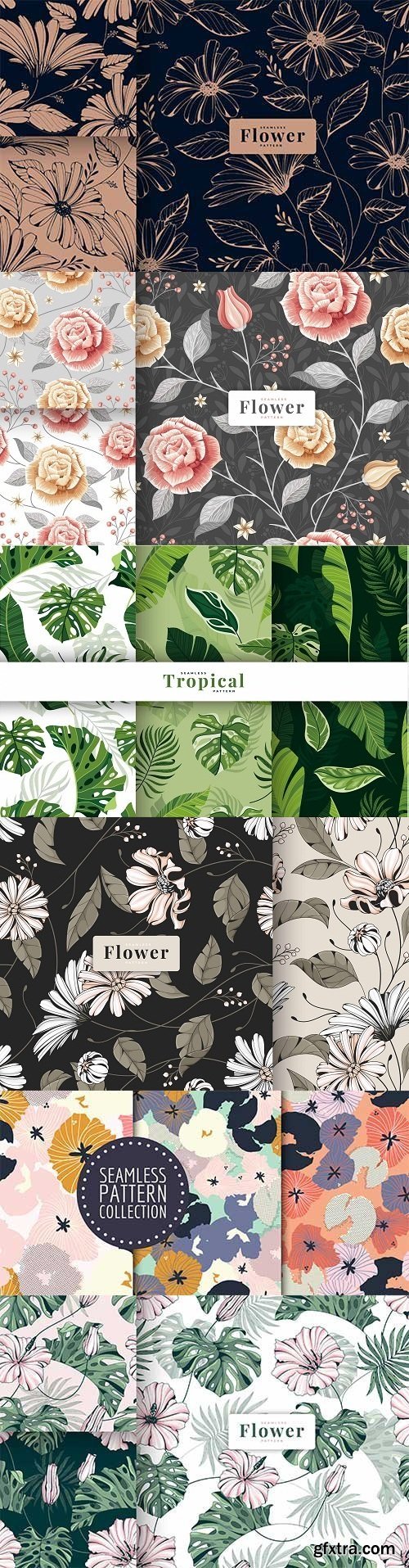 Collection hand drawn vintage floral seamless pattern