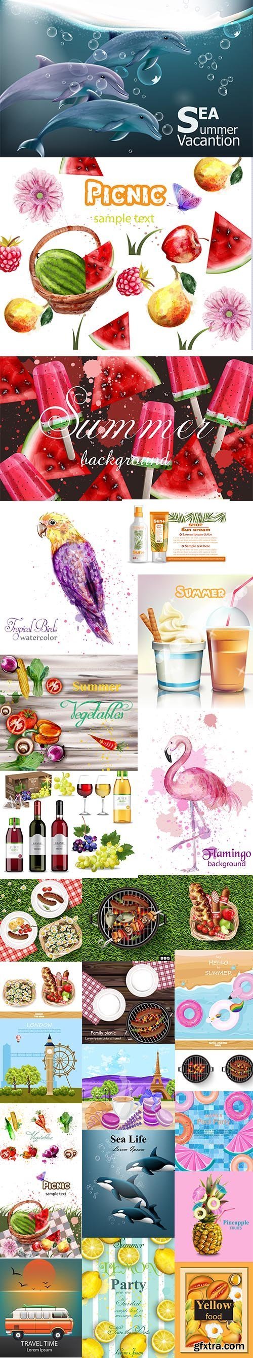 Watercolor Summer Collection with Picnic, Travel and Fruit Illustration Set
