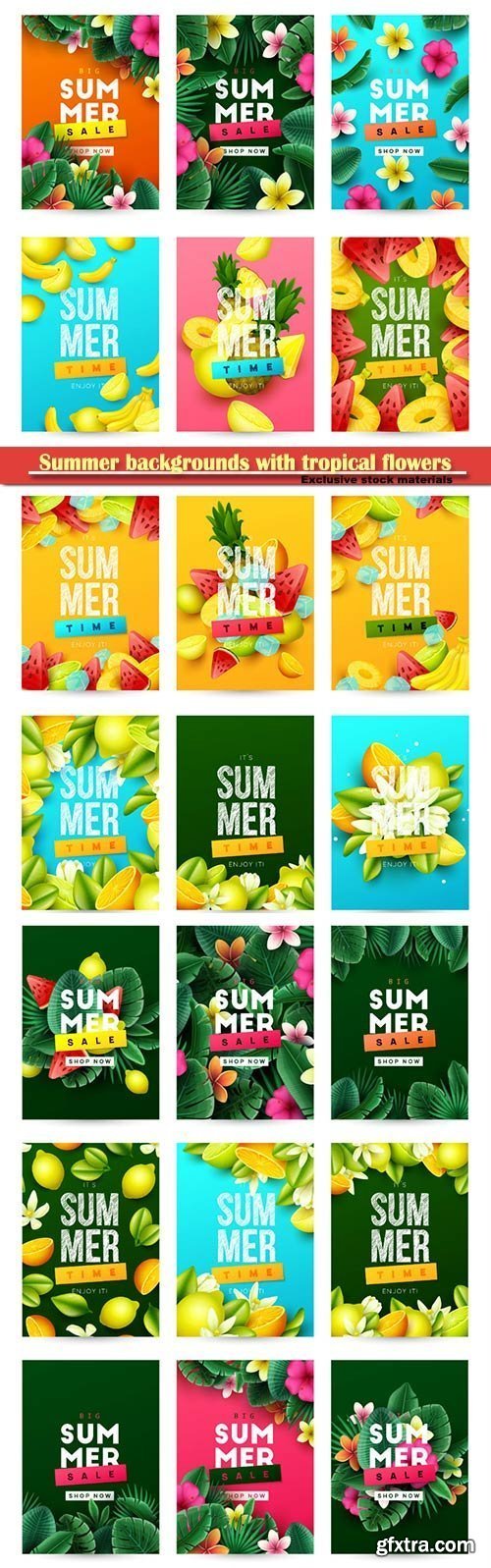 Summer backgrounds with tropical flowers and palm leaves