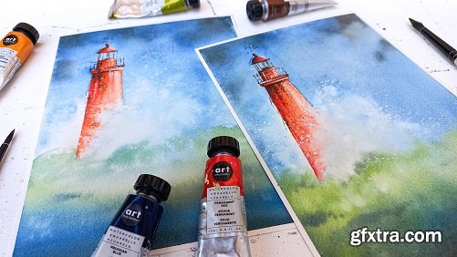 Summer Fun in Watercolor Painting : Majestic Lighthouse with Crashing Waves