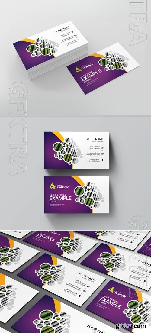 Business Card Layout with Purple, Yellow, and Green Elements 211022008