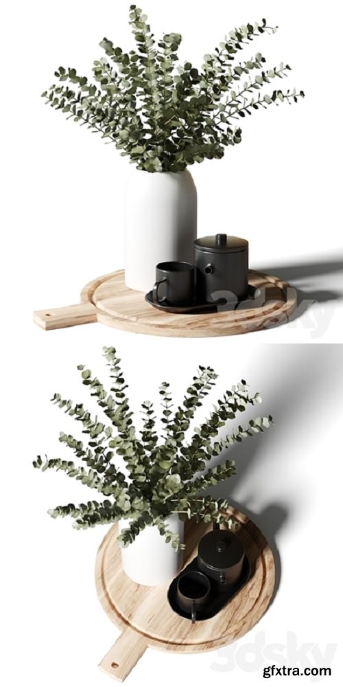 A bouquet of eucalyptus in a white vase, and a teapot with a cup on a wooden board