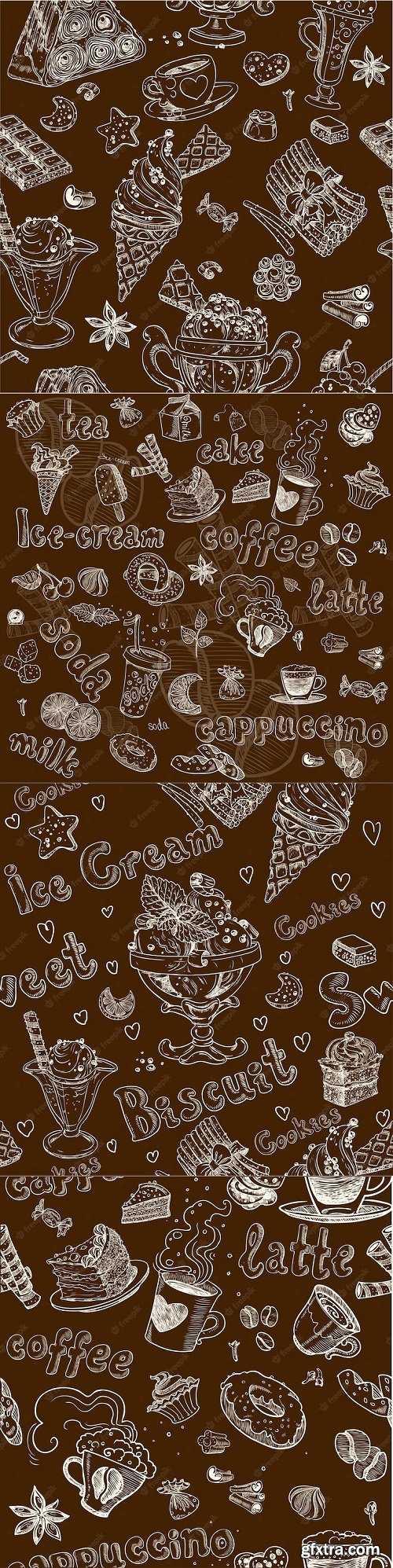 Seamless pattern with coffee cakes pies latte and ice cream