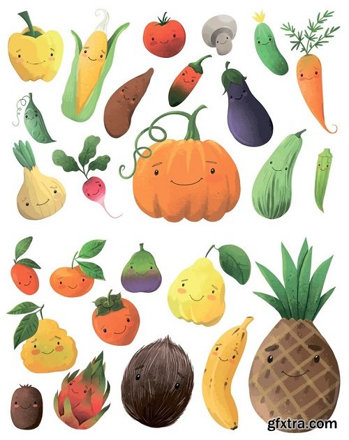Watercolor cute fruits and vegetables clipart set