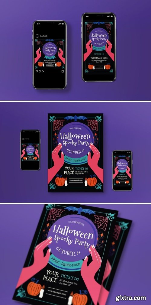 Black Modern Spooky Halloween Party Flyer Set L4Y336H