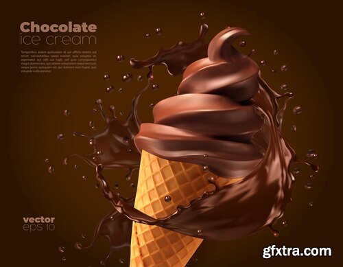 Chocolate ice cream dessert wafer cone with splash