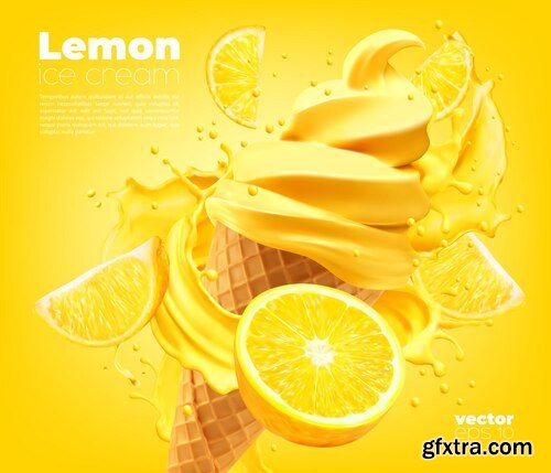 Citrus lemon soft ice cream cone with fruit splash