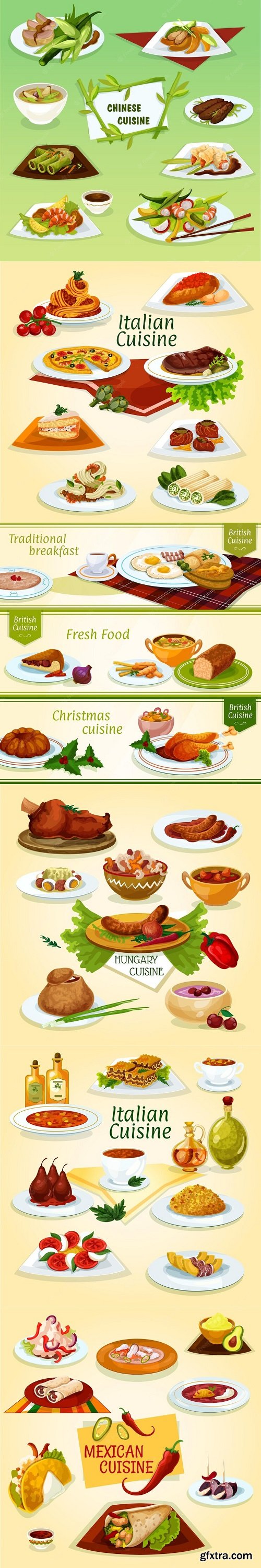 Different cuisine icon with popular dishes