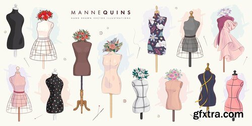 Set of hand drawn mannequins and flowers