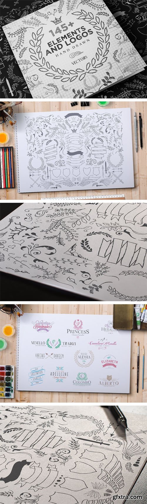 145+ Hand Drawn Elements & Logos Vector Templates