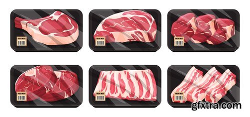 Fresh beef and pork in packaging sorted meat for sale vector illustration