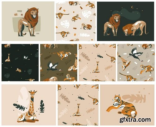 Hand drawn vector abstract graphic modern safari savanna animals print and pattern collection