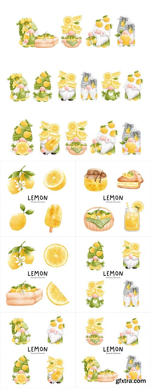 Watercolor lemon gnome citrus vector illustration