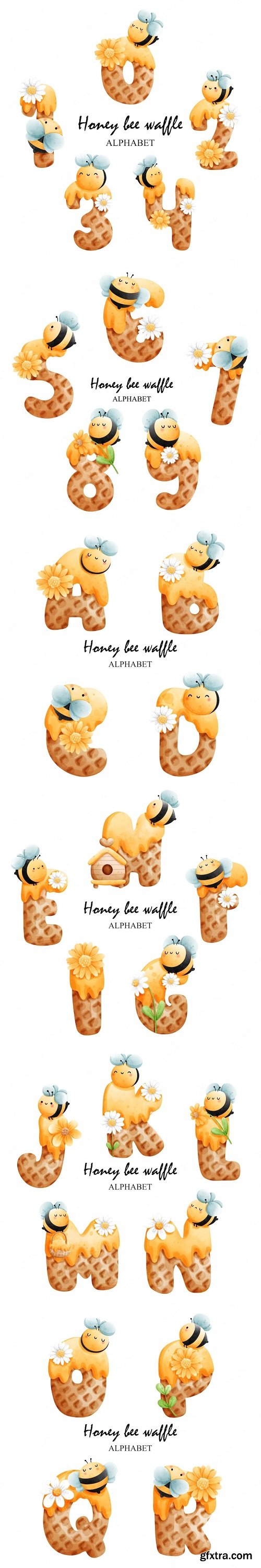 Honey bee waffle alphabetbee font vector illustration
