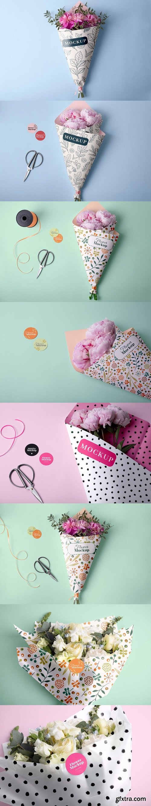 Flower packaging cone mock-up with beautiful flowers bouquet