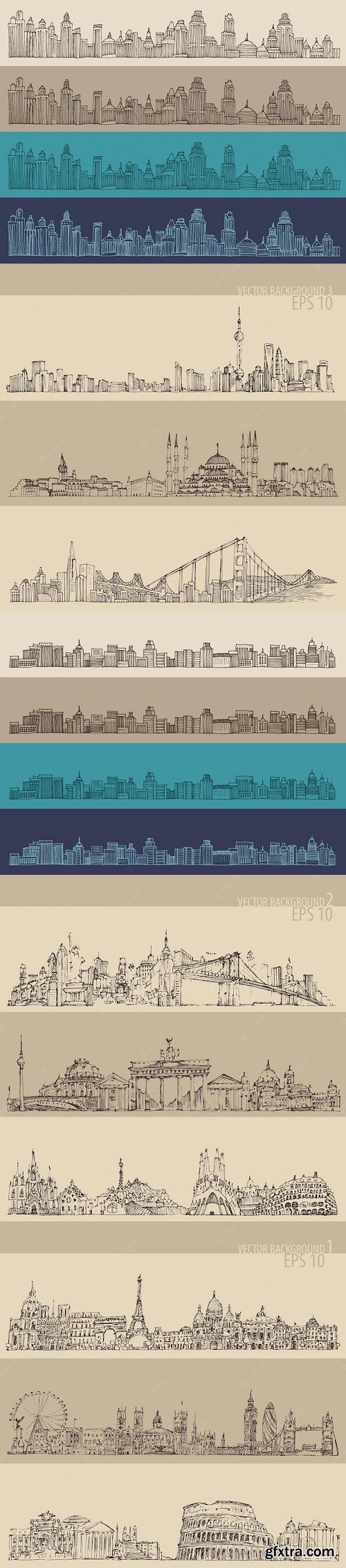 Hand drawn vector illustration of big city skyline