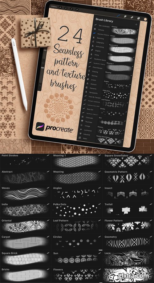 24 Seamless Pattern Brushes for Procreate