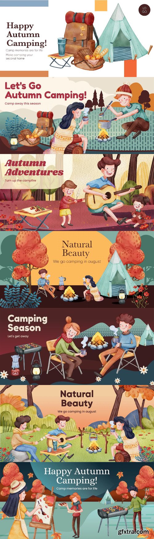 Blog header template with autumn camping picnic concept watercolor style