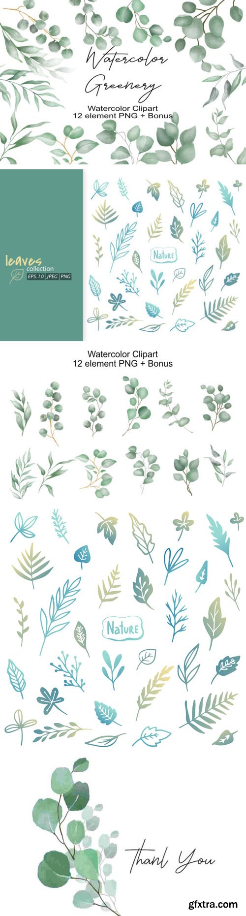 Watercolor Greenery Leaves - Vector Clipart Collection