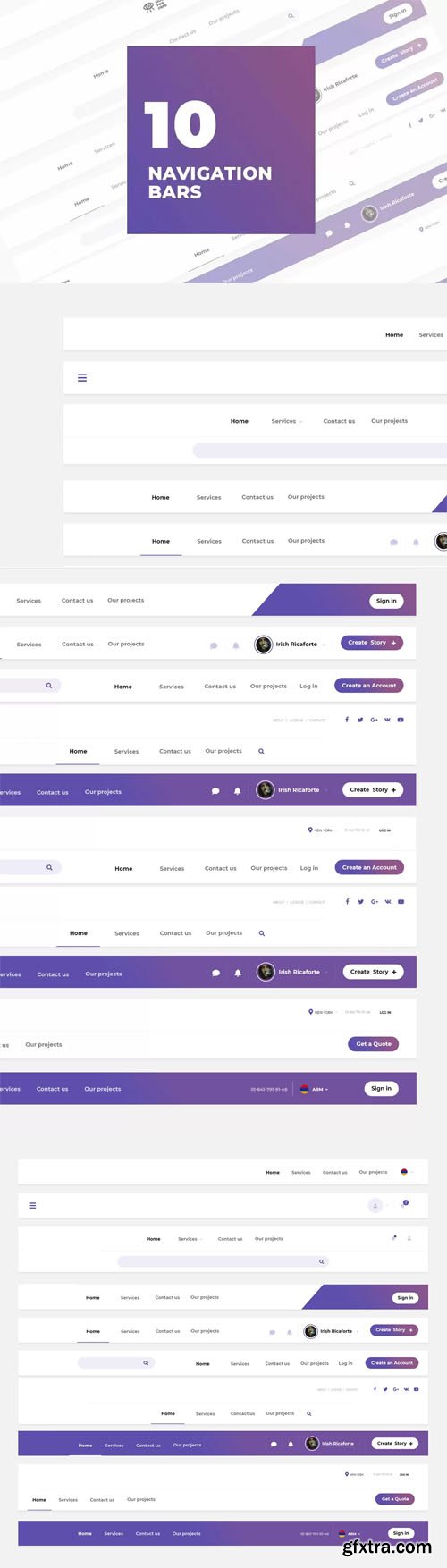 10 Navigation Bars UI Kit PSD Templates