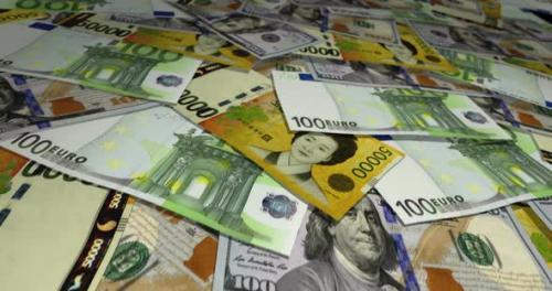 Videohive - Dollar Euro Won banknotes flying over money surface - 40952356 - 40952356