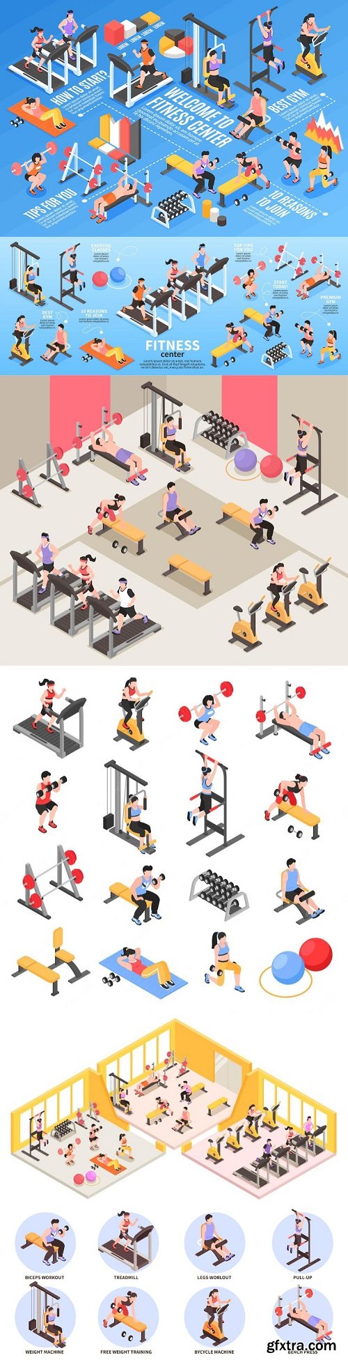 Isometic gym fitness club flowchart & icons set