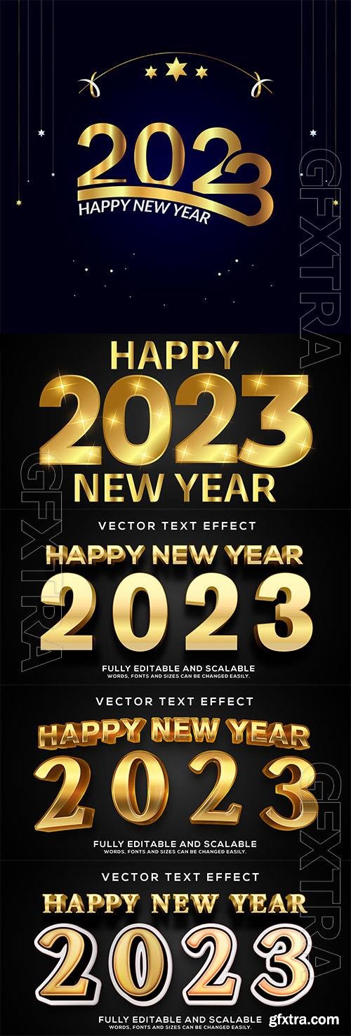 Gold happy new year 2023 3d bold editable text vector effect
