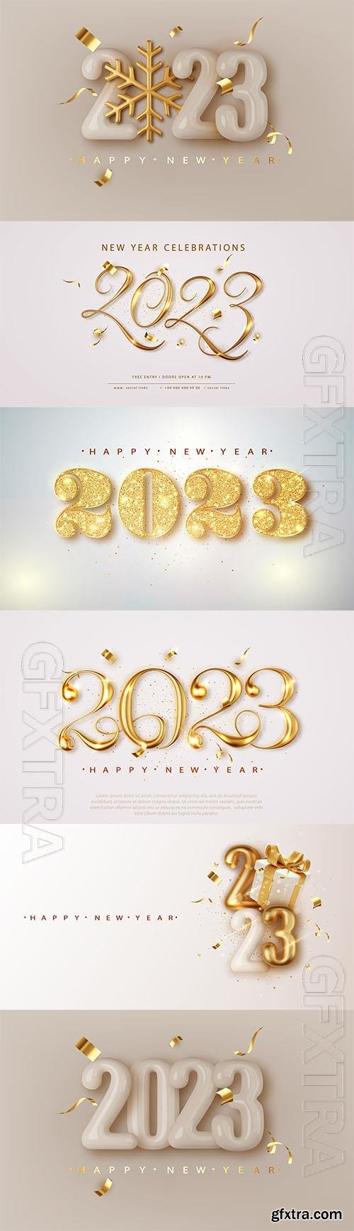 2023 happy new year elegant banner with falling confetti on bright background