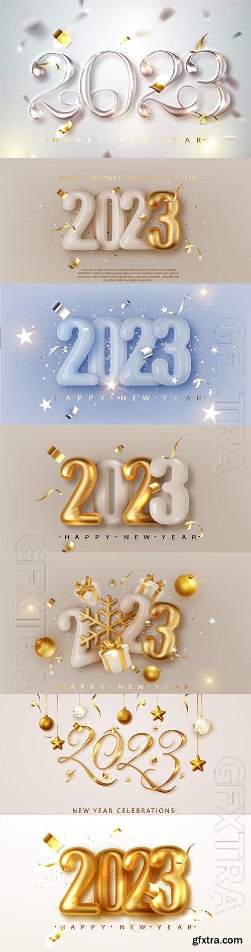 Happy new year 2023 golden numbers with ribbons and confetti