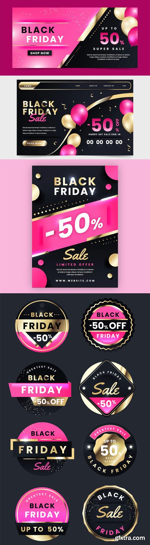Black Friday - 10 Gradient Pink & Black Vector Templates Pack