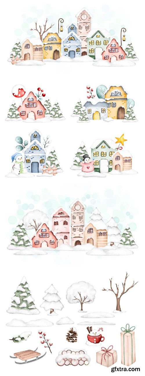 Watercolor illustration set of tree snow and winter elements