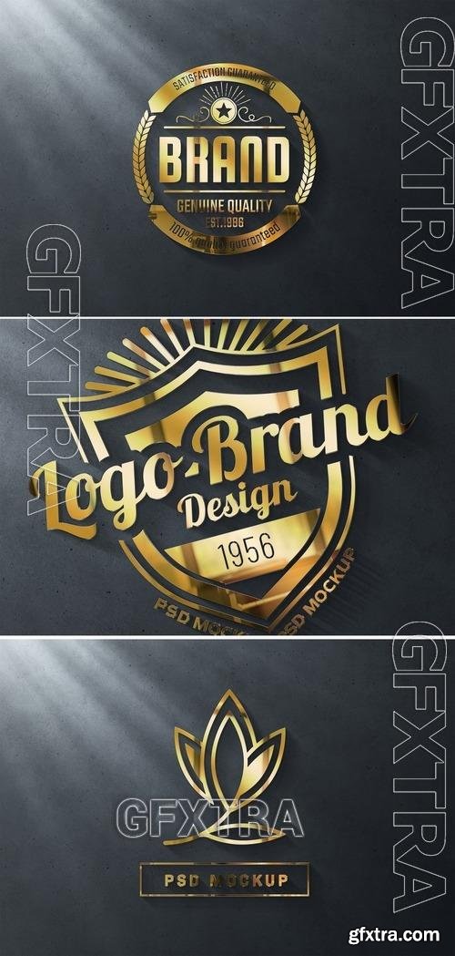 Gold Logo Mockup on Dark Wall with 3D Glossy Effect 427281871