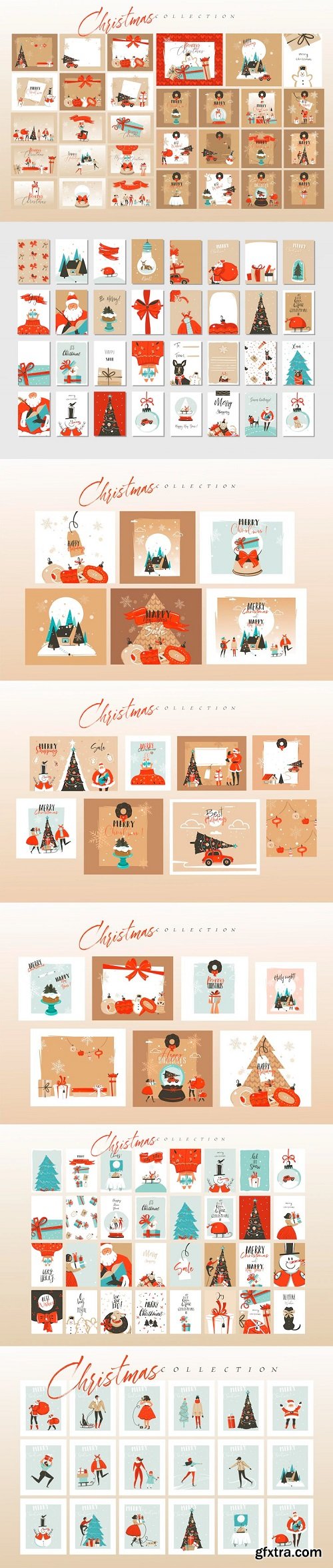 Hand drawn abstract fun merry christmas cards bundle