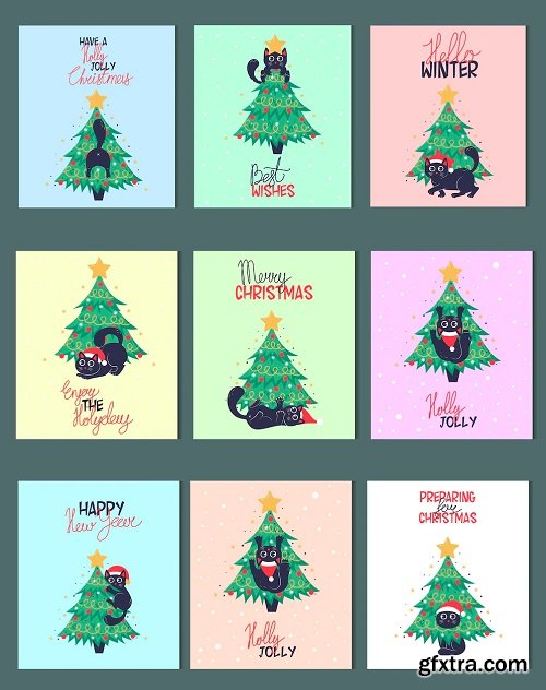 Bundle of christmas card banner or poster template with christmas tree and cute black cat and christmas lettering