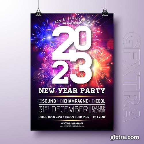 2023 new year party celebration poster illustration with typography design and firework background