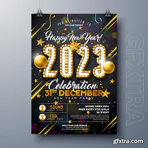 2023 new year party celebration poster design with lights bulb number and gold christmas ball