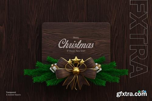 Dark wooden signage mockup with pine leaves and bow knot isolated vol 2
