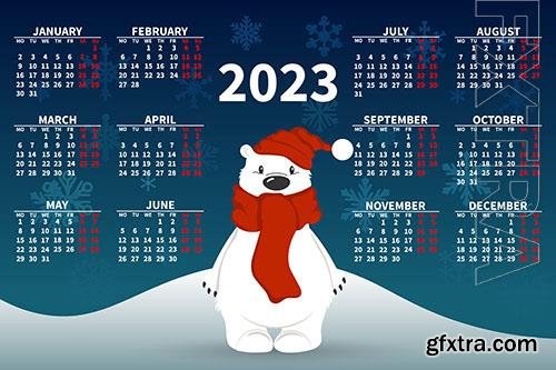 Yearly calendar 2023 with a cute polar bear on the background of a snowy landscape illustration