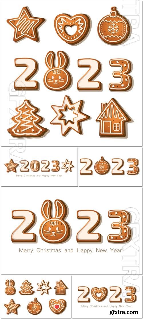 Vector gingerbread cookies in the form of numbers and a rabbit a symbol of 2023 bunny in cartoon style