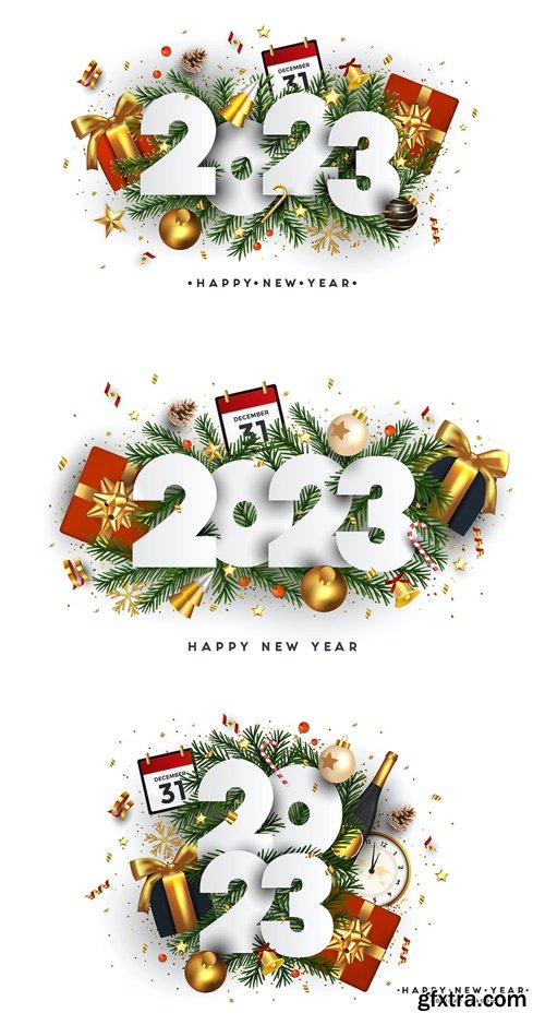 Happy New Year banner, 2023 numbers on Green Fir Branches and holiday  ornaments on white background » GFxtra