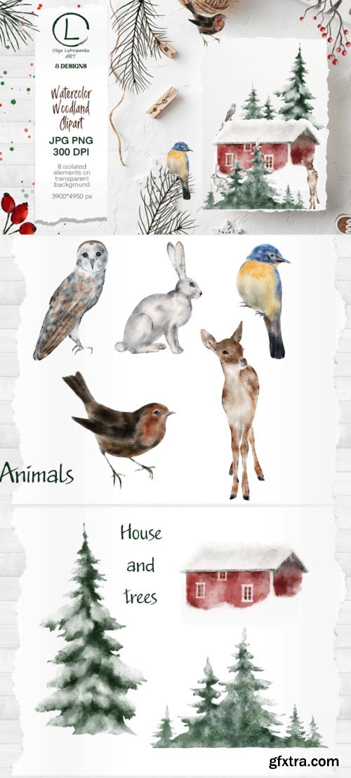Watercolor Winter Woodland - Plants & Animals Clipart Watercolor Winter Woodland - Plants & Animals Clipart