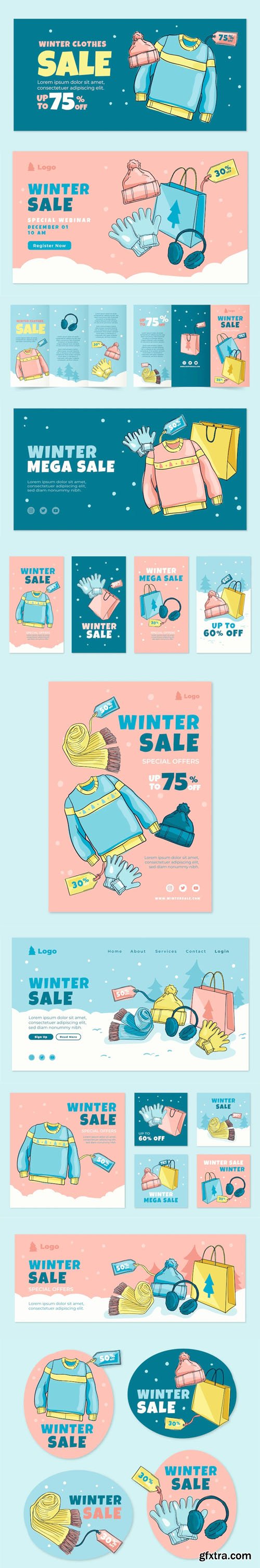 Hand Drawn Winter Sale Marketing Vector Templates Pack Hand Drawn Winter Sale Marketing Vector Templates Pack